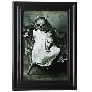 Victorian skeleton child skull head w devil horns vintage horror dark Halloween